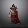 Fantasy Character With Red Cape And Armor Holding Decorative Shield Standing