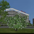 Modern Pediatric Hospital Building With Glass Curtain Walls And Green Lawn Under Blue Sky