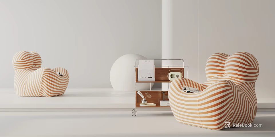 Orange And White Striped Single Sofa In Minimalist Room With Side Cart 3d model 