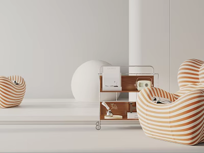Orange And White Striped Single Sofa In Minimalist Room With Side Cart 3d model