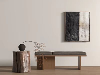 Wooden Bench In Light Gray Room With Black White Abstract Painting Vase And Dried Flowers 3d model
