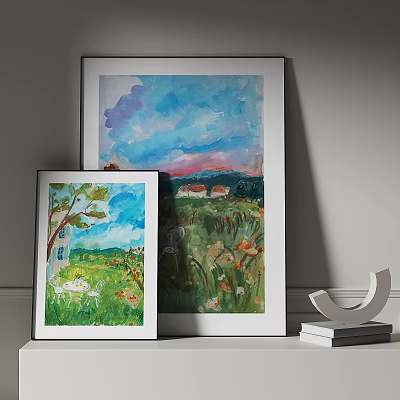Two Framed Watercolor Art Paintings With Landscape Scenes And Decorative Home Items 3d model