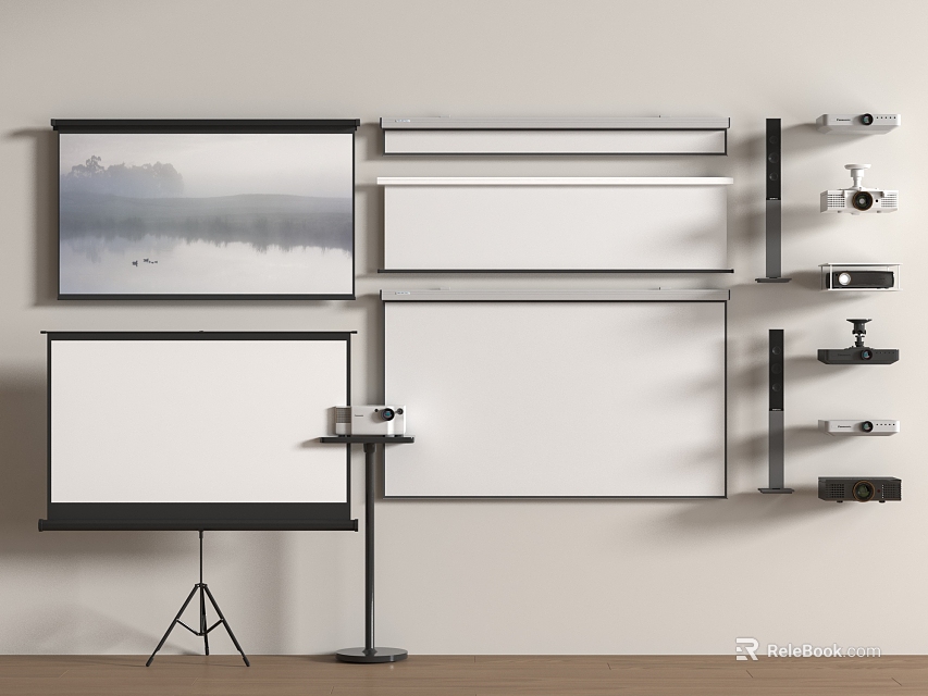 Projection Screens and Surveillance Cameras Display With Wall Mounted and Stand Models 3d model 