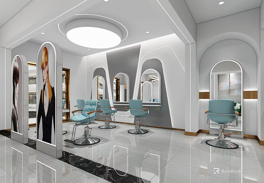 Modern Hair Salon Interior With Blue Styling Chairs Mirrors White Gray Decor And Round Lights 3d model 