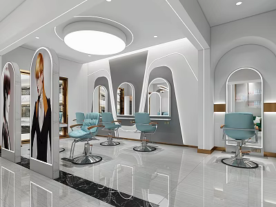 Modern Hair Salon Interior With Blue Styling Chairs Mirrors White Gray Decor And Round Lights 3d model