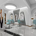 Modern Hair Salon Interior With Blue Styling Chairs Mirrors White Gray Decor And Round Lights