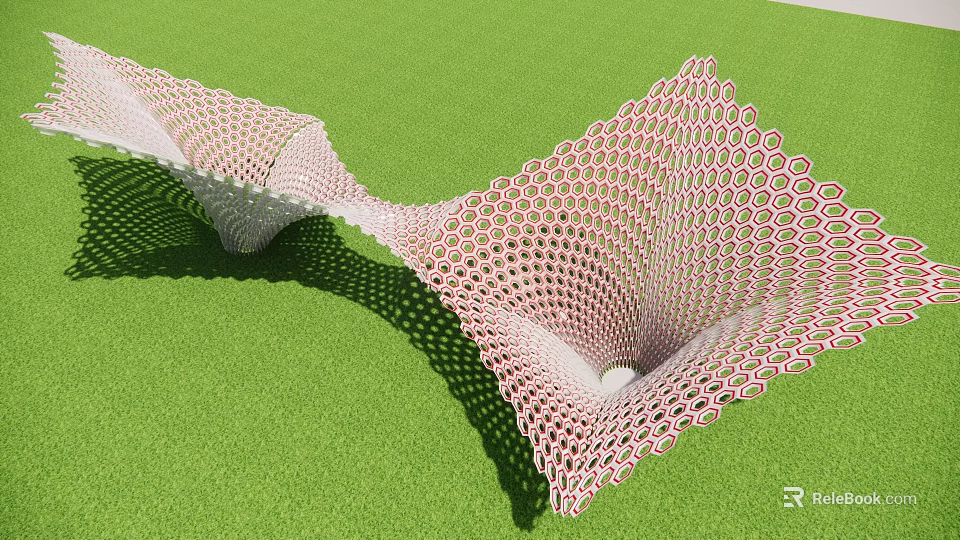 Modern Wavy Pergola with Honeycomb Lattice in Pink and White on Green Lawn 3d model 