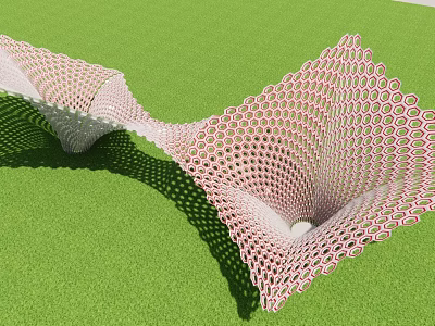 Modern Wavy Pergola with Honeycomb Lattice in Pink and White on Green Lawn 3d model