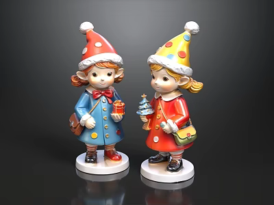 Festive Decorative Figurine Set With Two Cute Figures Hats Red Blue Outfits Holding Tree Gift 3d model