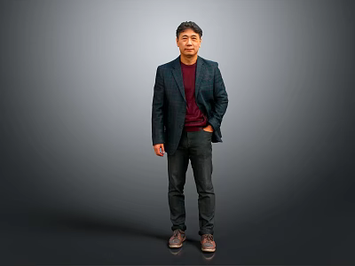 Man Standing in Dark Blazer Red Sweater Black Pants Against Gray Background Hands in Pockets 3d model