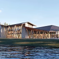 Modern Wooden Visitor Center With Sloped Roof Purple Flower Beds And Outdoor Area