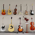 Diverse Musical Instruments Collection Displayed on Wall and Stands with Guitars Violins and Cello