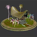 Cartoon Scene With Thatched Roof House Palm Trees Green Grass On Circular Platform