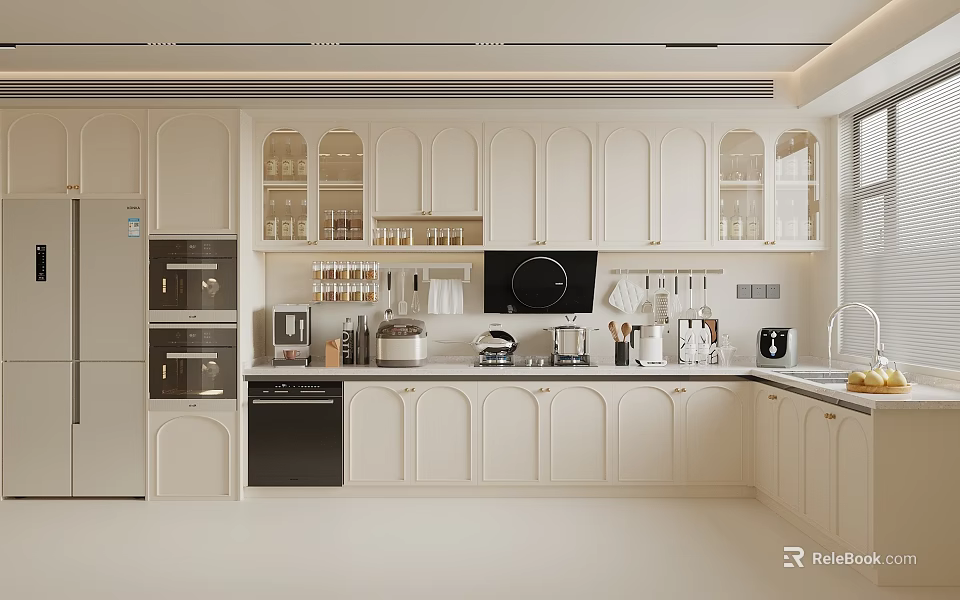 Modern Kitchen Interior With White Cabinets Glass Door Storage And Appliances 3d model 