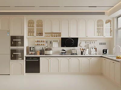 Modern Kitchen Interior With White Cabinets Glass Door Storage And Appliances 3d model
