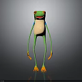 3D Frog Character With Green Body White Belly Orange Eyes And Long Limbs