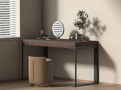 Elegant Wooden Dressing Table With Round Mirror Cosmetics Books Potted Plant And Beige Stool 3d model