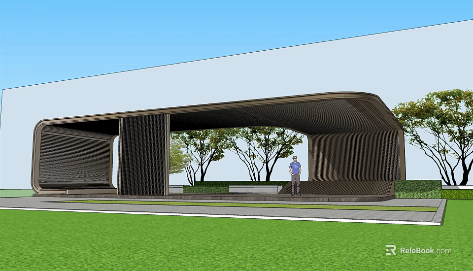 Modern Curved Pergola with Black Structure Trees and Green Lawn Outdoor Setting 3d model 