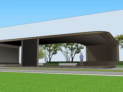 Modern Curved Pergola with Black Structure Trees and Green Lawn Outdoor Setting 3d model