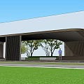 Modern Curved Pergola with Black Structure Trees and Green Lawn Outdoor Setting
