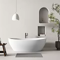 White Freestanding Bathtub in Modern Bathroom with Wooden Stool Pendant Light and Green Plant