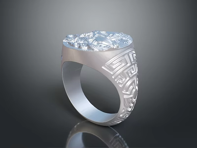 Elegant Silver Ring With Large Crystal Stone And Intricate Engraved Band Design 3d model
