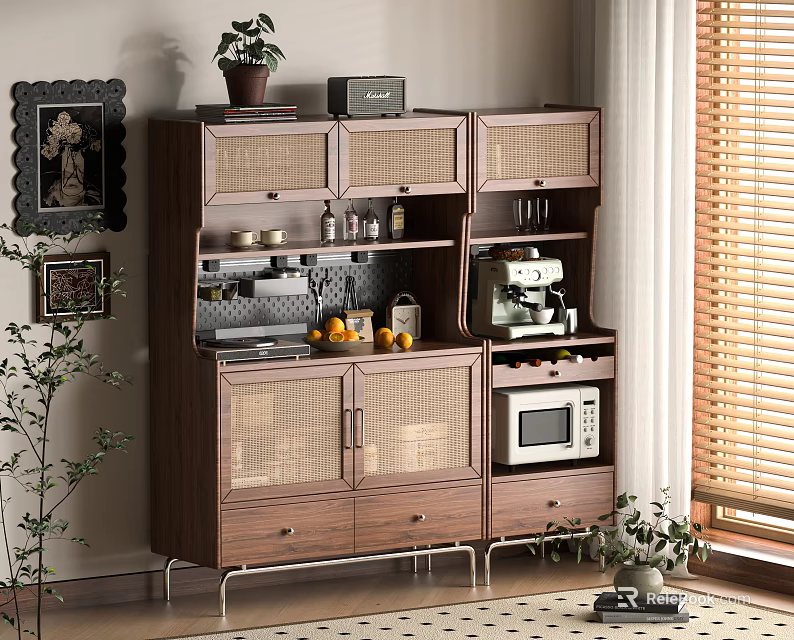 Stylish Wooden Sideboard With Rattan Doors Coffee Machine Microwave Oranges And Decorative Plants 3d model 