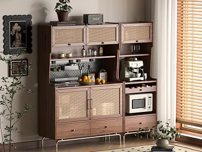 Stylish Wooden Sideboard With Rattan Doors Coffee Machine Microwave Oranges And Decorative Plants 3d model