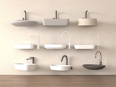 Various Modern Wall Mounted Washbasins Featuring Different Shapes Colors and Faucets 3d model