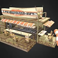 Vintage Food Truck With Outdoor Seating Striped Awning And Menu Board