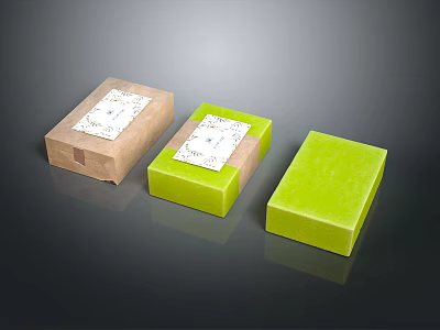 Three Piece Decorative Ornament Set Featuring Brown Green Packaged and Green Unpackaged Labeled Pieces 3d model