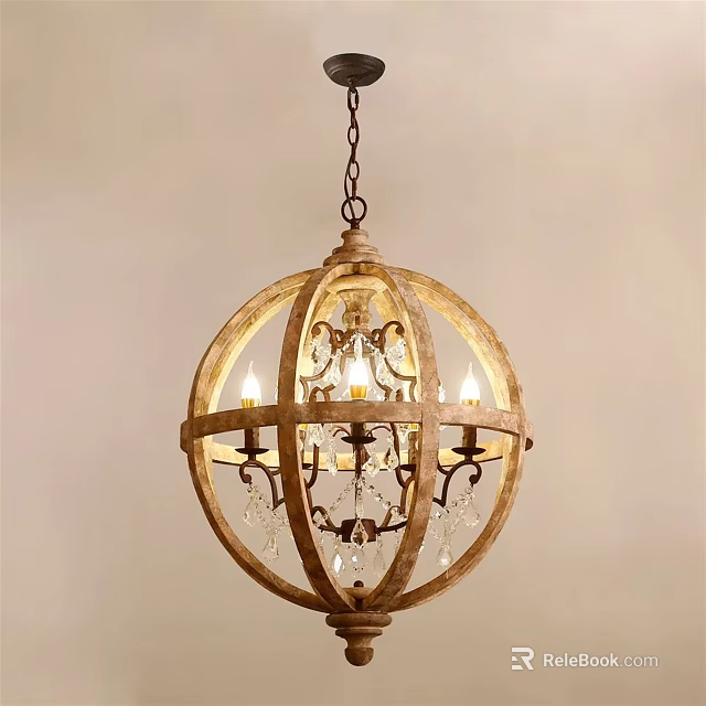 Vintage Wooden Spherical Chandelier With Crystal Decorations And Candle Bulbs 3d model 