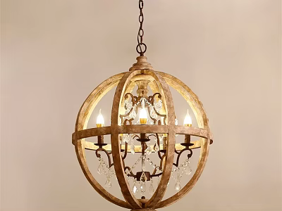 Vintage Wooden Spherical Chandelier With Crystal Decorations And Candle Bulbs 3d model