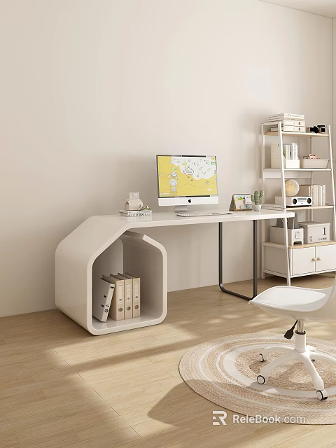 Modern White Desk Interior With Computer Monitor Bookshelf And Chair 3d model 