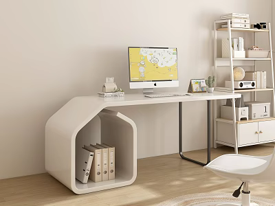 Modern White Desk Interior With Computer Monitor Bookshelf And Chair 3d model