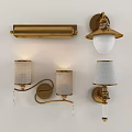 Tech Exhibition Hall Featuring Modern Golden Wall Lamps with Lampshades and Crystal Details