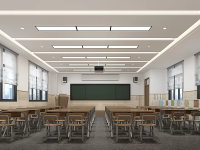 School Classroom Interior With Rows Of Desks Chairs Green Blackboard And Bright Lighting 3d model