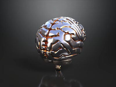 Silver Human Brain Organ Model With Detailed Surface Texture And Base Stand On Dark Background 3d model