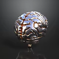 Silver Human Brain Organ Model With Detailed Surface Texture And Base Stand On Dark Background