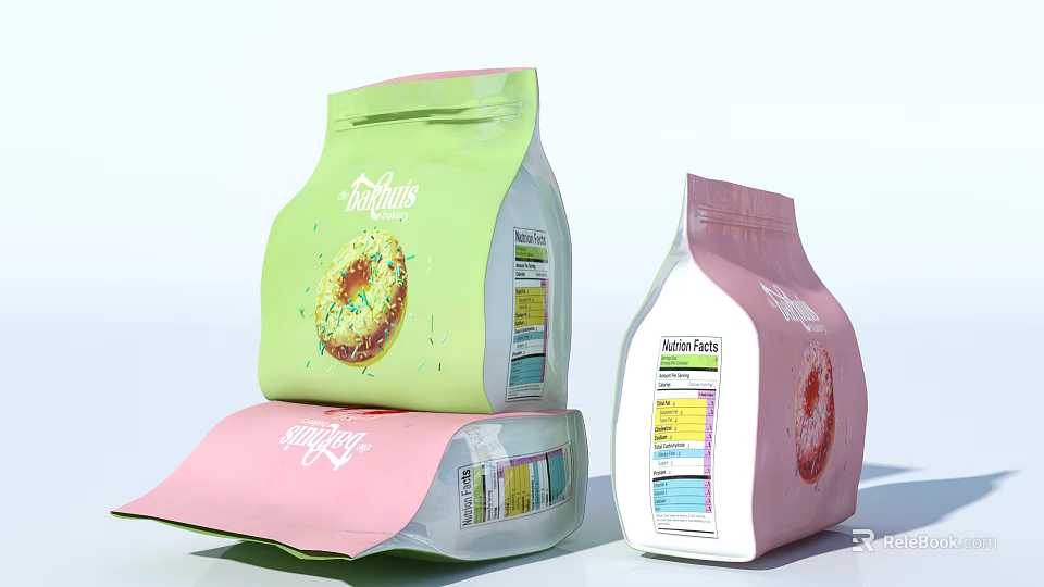 Colorful Simply Food Packaging Bags with Donut Design and Nutrition Labels 3d model 