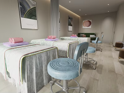 Luxurious SPA Sauna Interior With Massage Beds White Purple Towels Blue Chairs And Wall Paintings 3d model