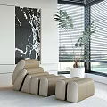 Modern Interior With Beige Leather Lounge Chair Tall Green Plant And Marble Wall Art