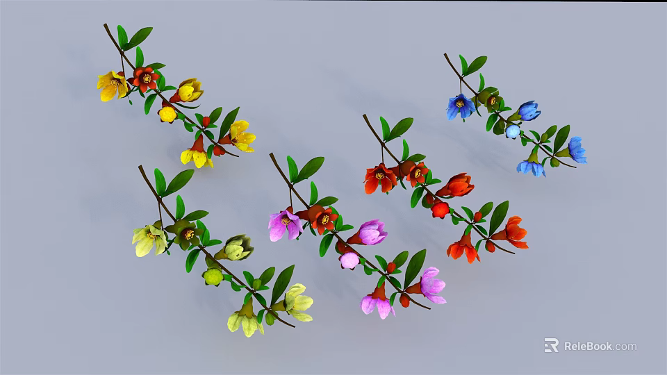 Colorful Plant Branches with Multicolored Flowers and Green Leaves Against Gray Background 3d model 