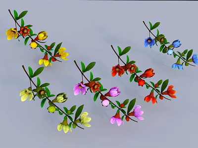 Colorful Plant Branches with Multicolored Flowers and Green Leaves Against Gray Background 3d model