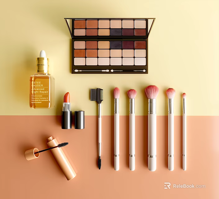 Perfume And Cosmetics Collection With Eyeshadow Palette Lipstick Brushes And Mascara On Soft Color Background 3d model 
