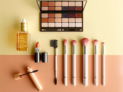 Perfume And Cosmetics Collection With Eyeshadow Palette Lipstick Brushes And Mascara On Soft Color Background 3d model