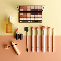 Perfume And Cosmetics Collection With Eyeshadow Palette Lipstick Brushes And Mascara On Soft Color Background