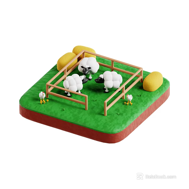 Garden Landscape With Green Grass Wooden Fence Sheep Chicks And Hay Bales 3d model 