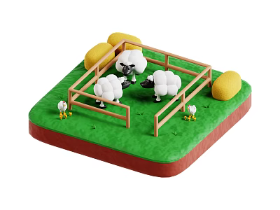 Garden Landscape With Green Grass Wooden Fence Sheep Chicks And Hay Bales 3d model