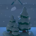 Snow Covered Tree Shaped Decorative Ornament Set With Blue Background Falling Feathers And Small Squares